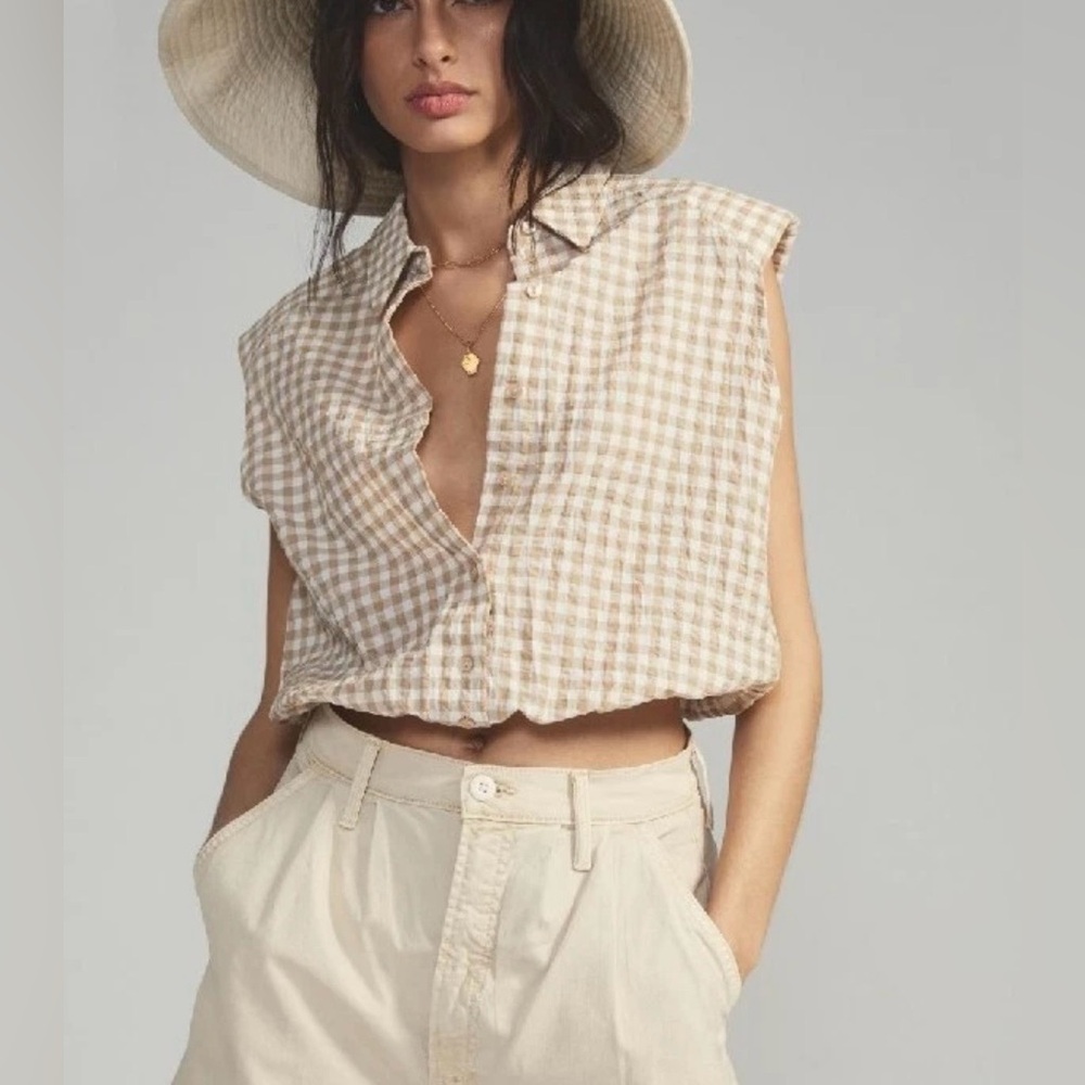 Maeve Anthropologie Gingham Seersucker Short Sleeve Button
Front Top Size L